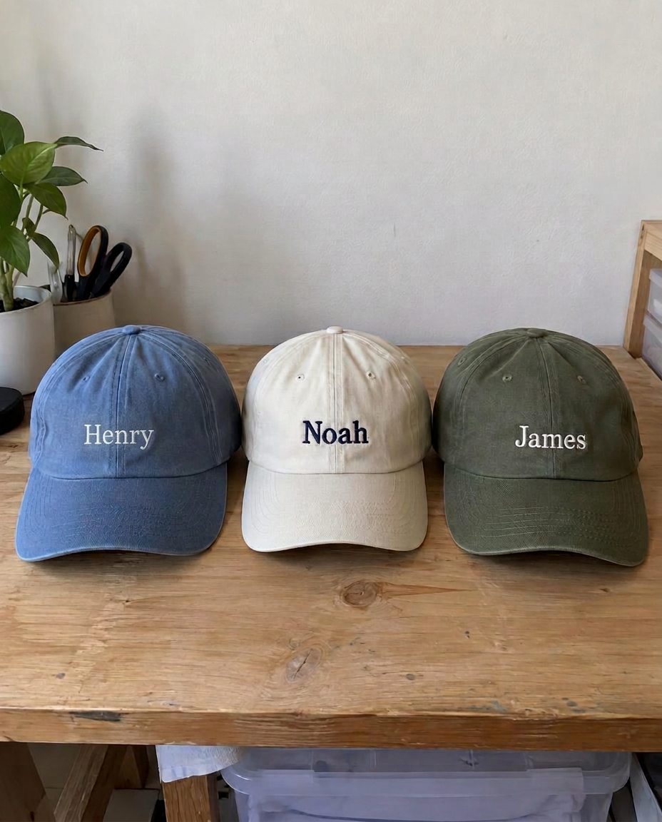 Three baseball caps with the names Henry, Noah and James embroidered on the front