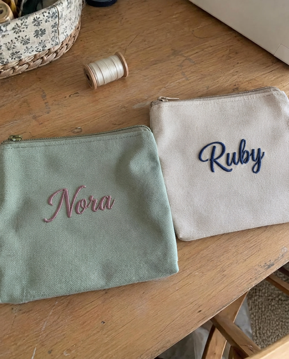 Two canvas pouches with the names Nora and Ruby embroidered in script thread