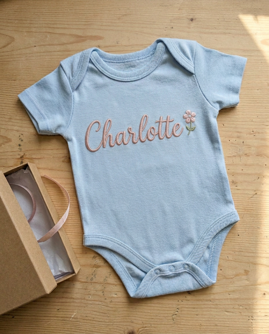 Light blue baby bodysuit embroidered with Charlotte and a small flower beside an open gift box