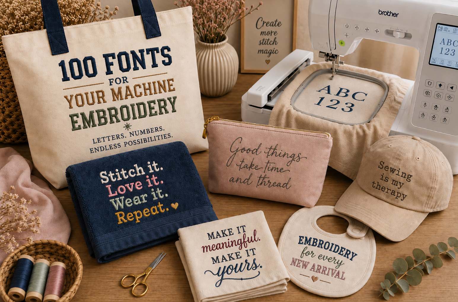Embroidered monogram samples on linen and cotton