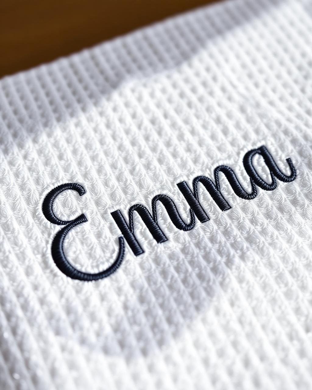 Stitched name Emma on white waffle towel