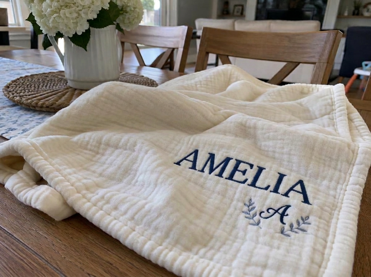 Illustrative photo of the name Amelia and an A monogram embroidered in navy thread on a blanket