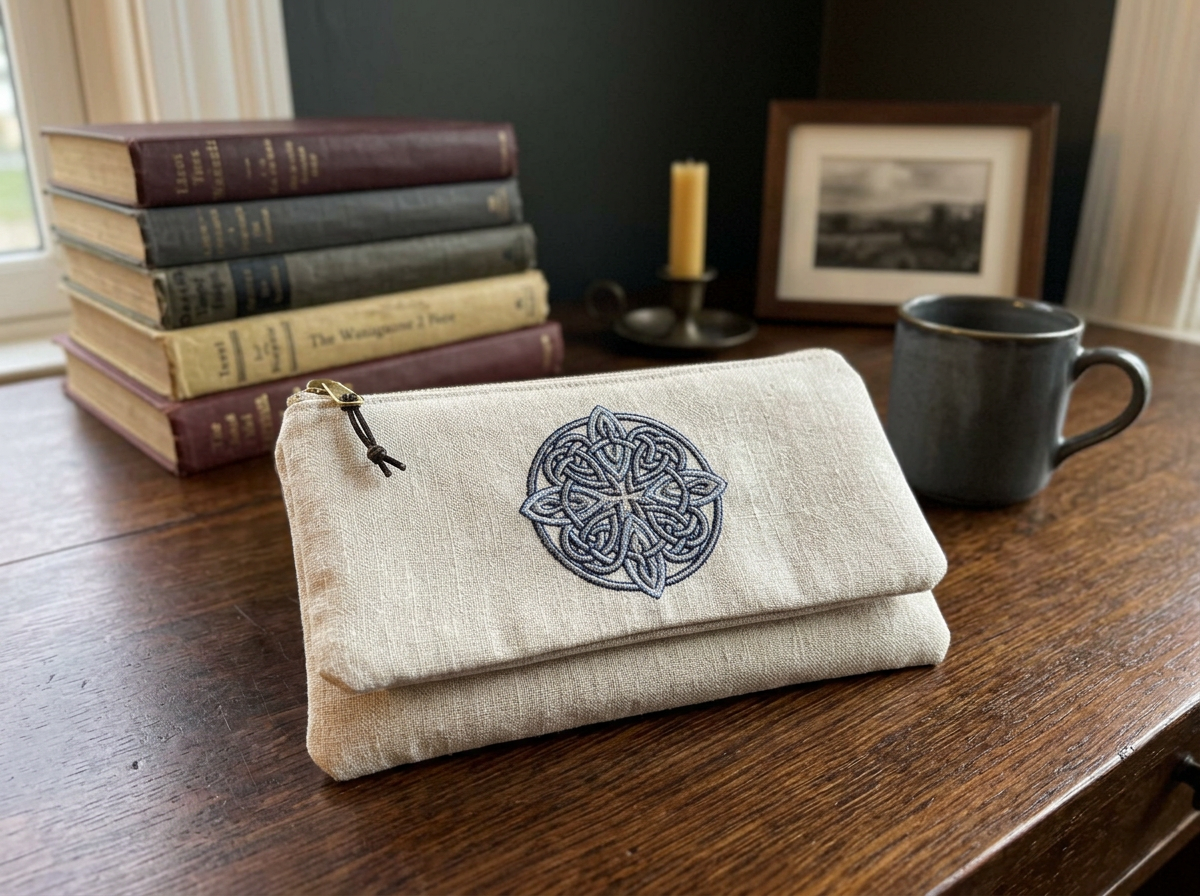 Illustrative photo of a small Celtic knot embroidered in navy thread on an oatmeal linen clutch bag