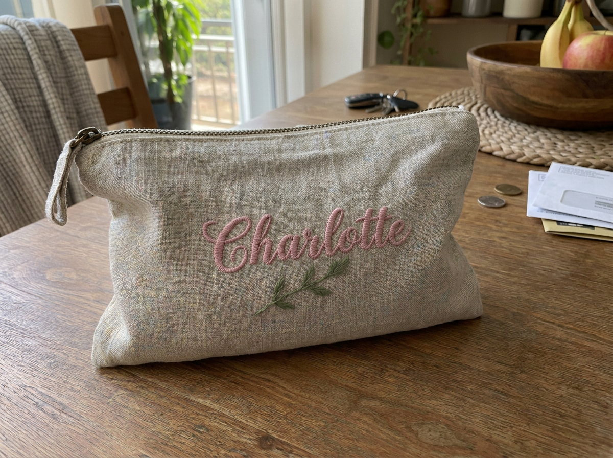 Illustrative photo of an oatmeal linen zippered pouch on a kitchen table with the name Charlotte embroidered in pink script and a small green sprig