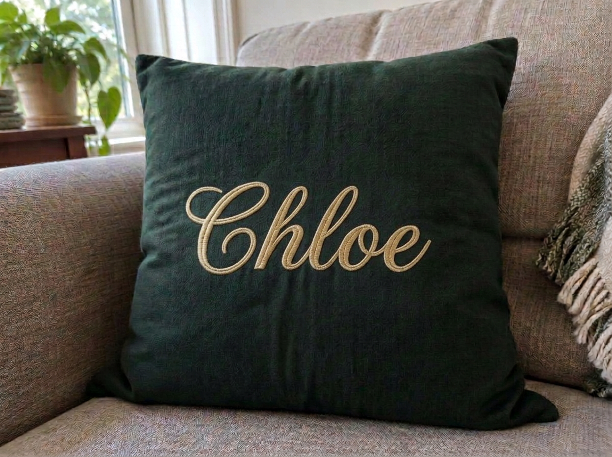 Illustrative photo of the name Chloe embroidered in gold script thread on a green cushion