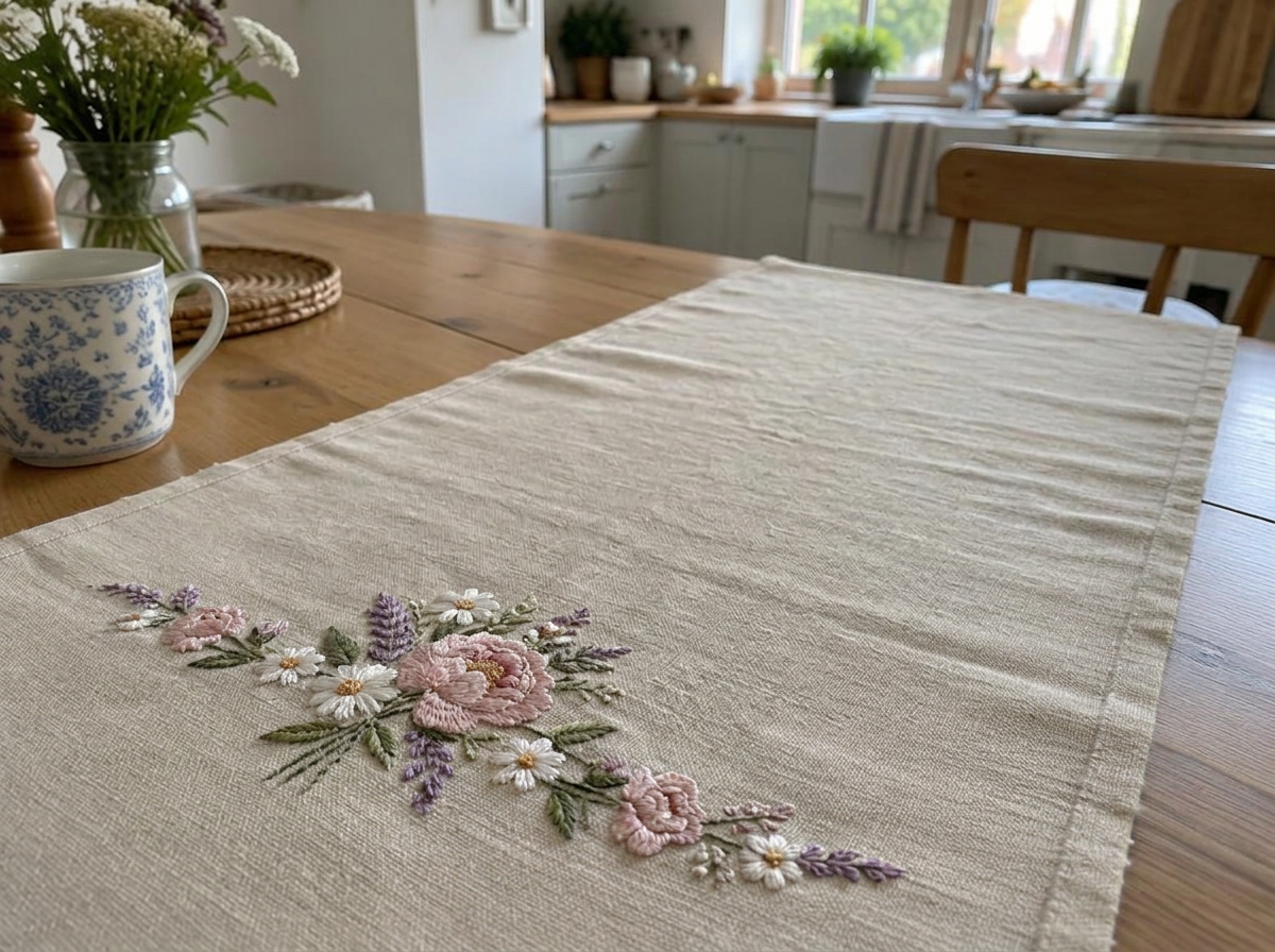 Illustrative photo of pink flower embroidery on a linen table runner