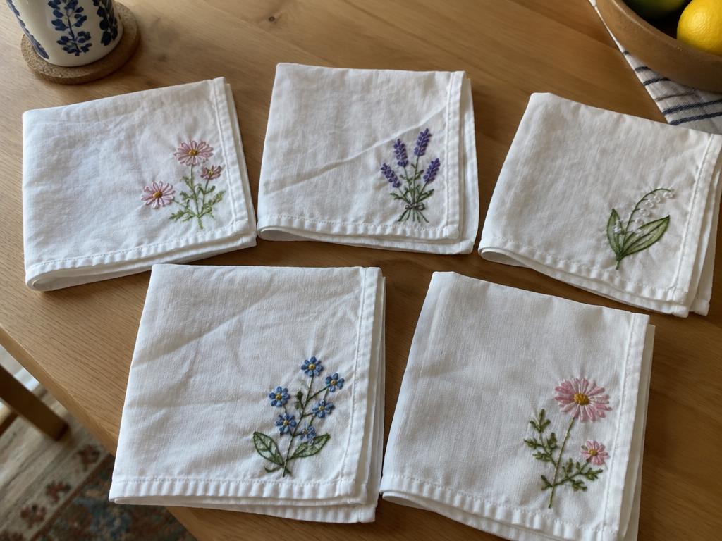 Illustrative photo of five white handkerchiefs on a wooden table, each embroidered with tiny wildflowers in a corner