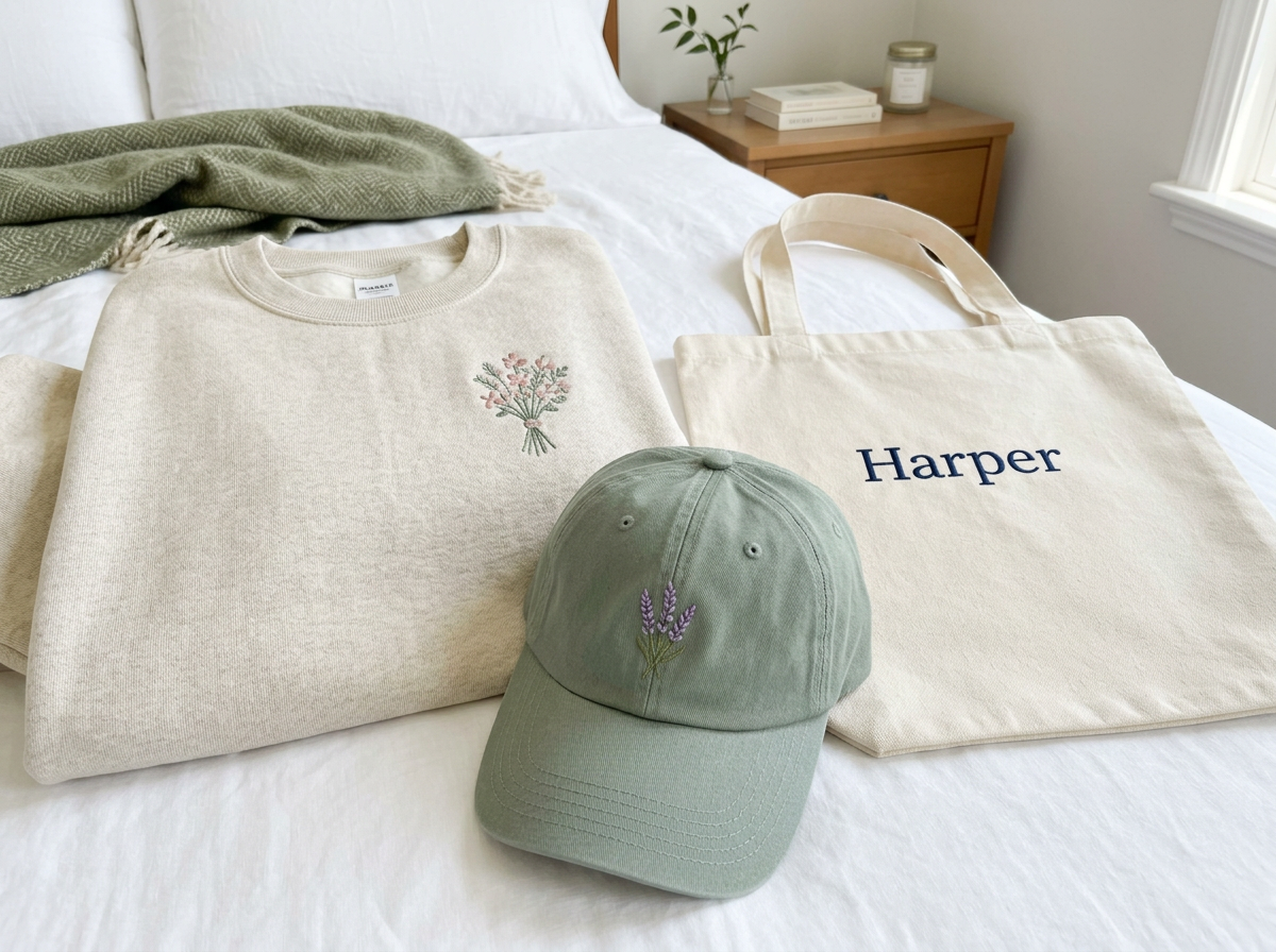 Illustrative photo of an embroidered sweatshirt, tote bag and baseball cap laid on a bed