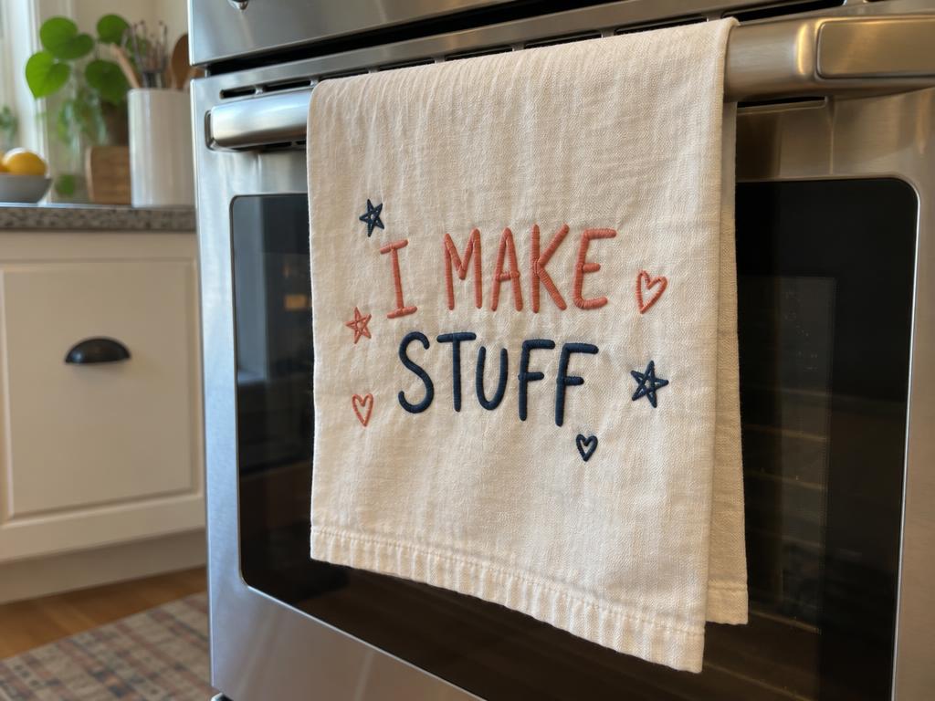 Illustrative photo of a playful embroidered quote on a kitchen towel