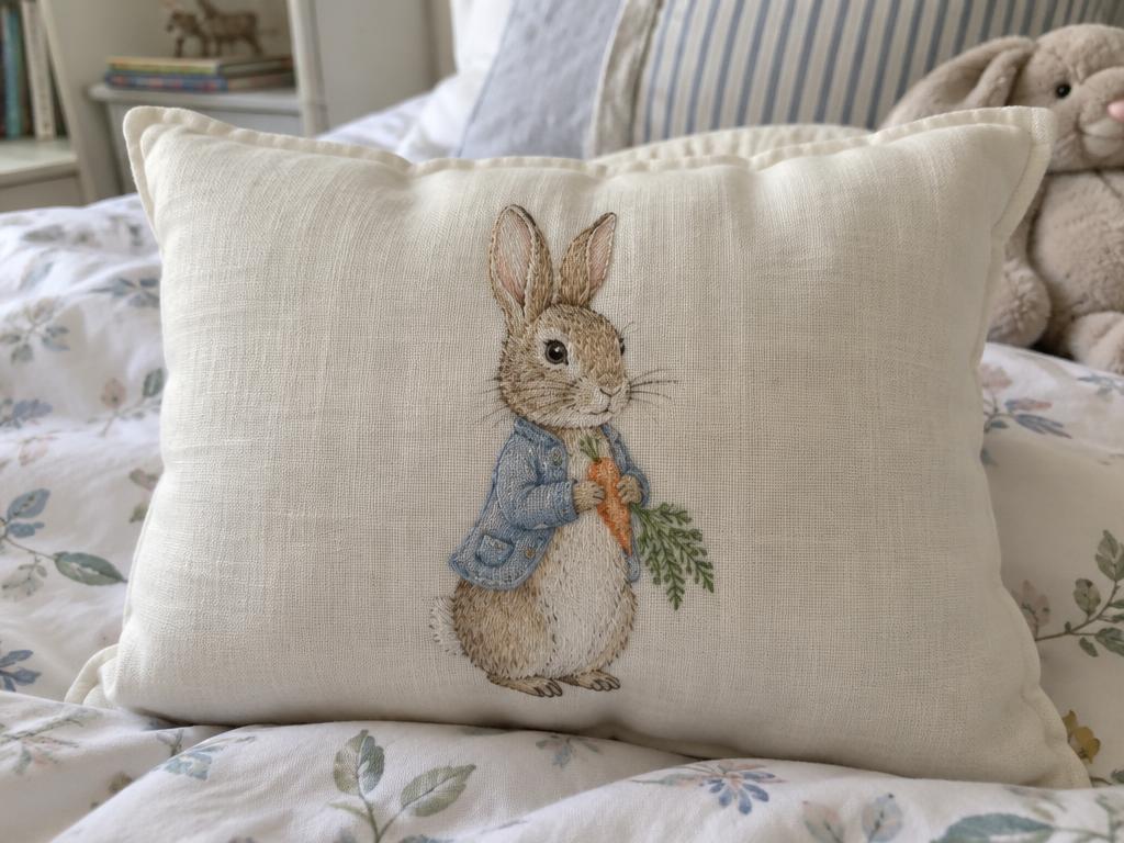 Illustrative photo of a storybook rabbit embroidered on a linen pillow