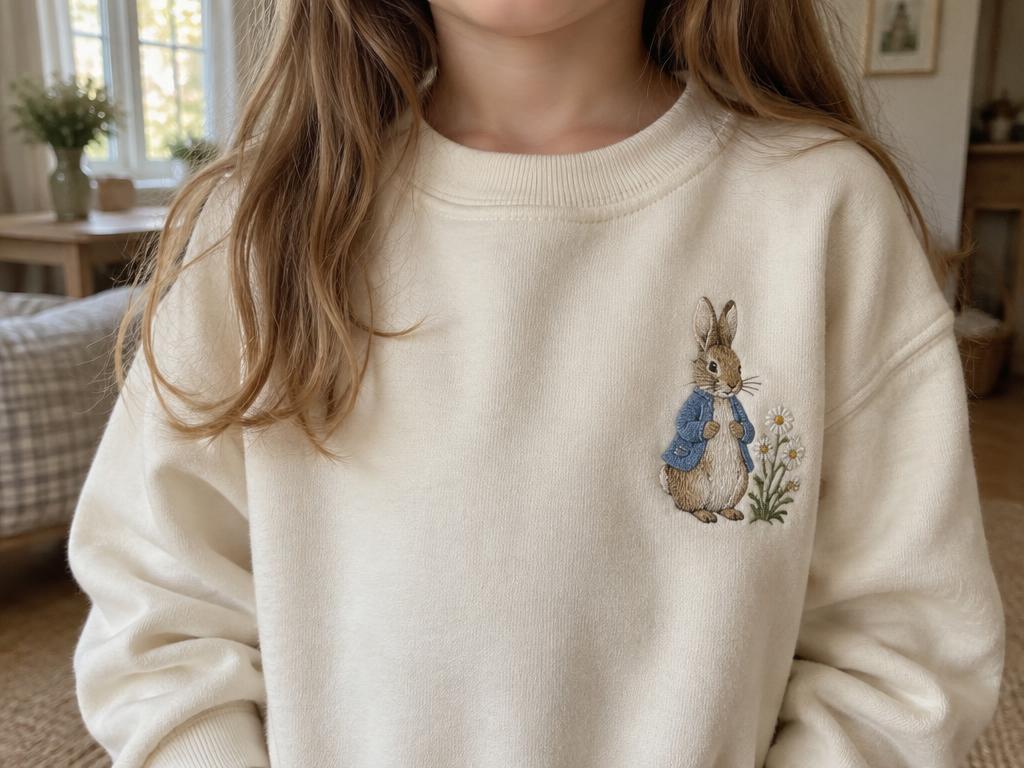 Illustrative photo of a child in a cream sweatshirt with a small storybook rabbit embroidered in a blue jacket on the chest, face cropped out of frame
