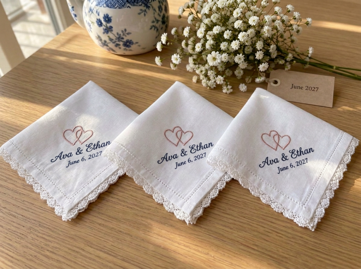 Illustrative photo of white wedding handkerchiefs embroidered with the names Ava & Ethan and the date June 6, 2027