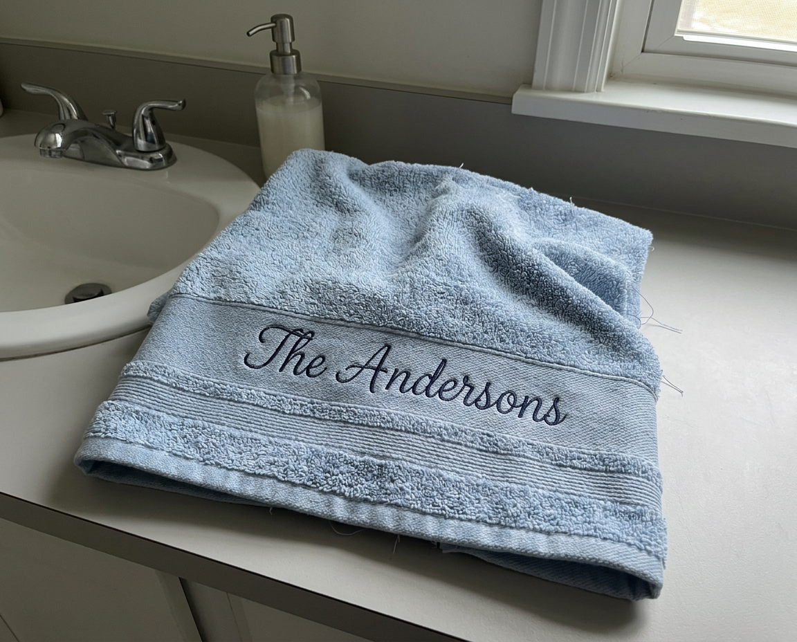 Folded light blue towel with the name The Andersons embroidered on a bathroom counter beside the sink