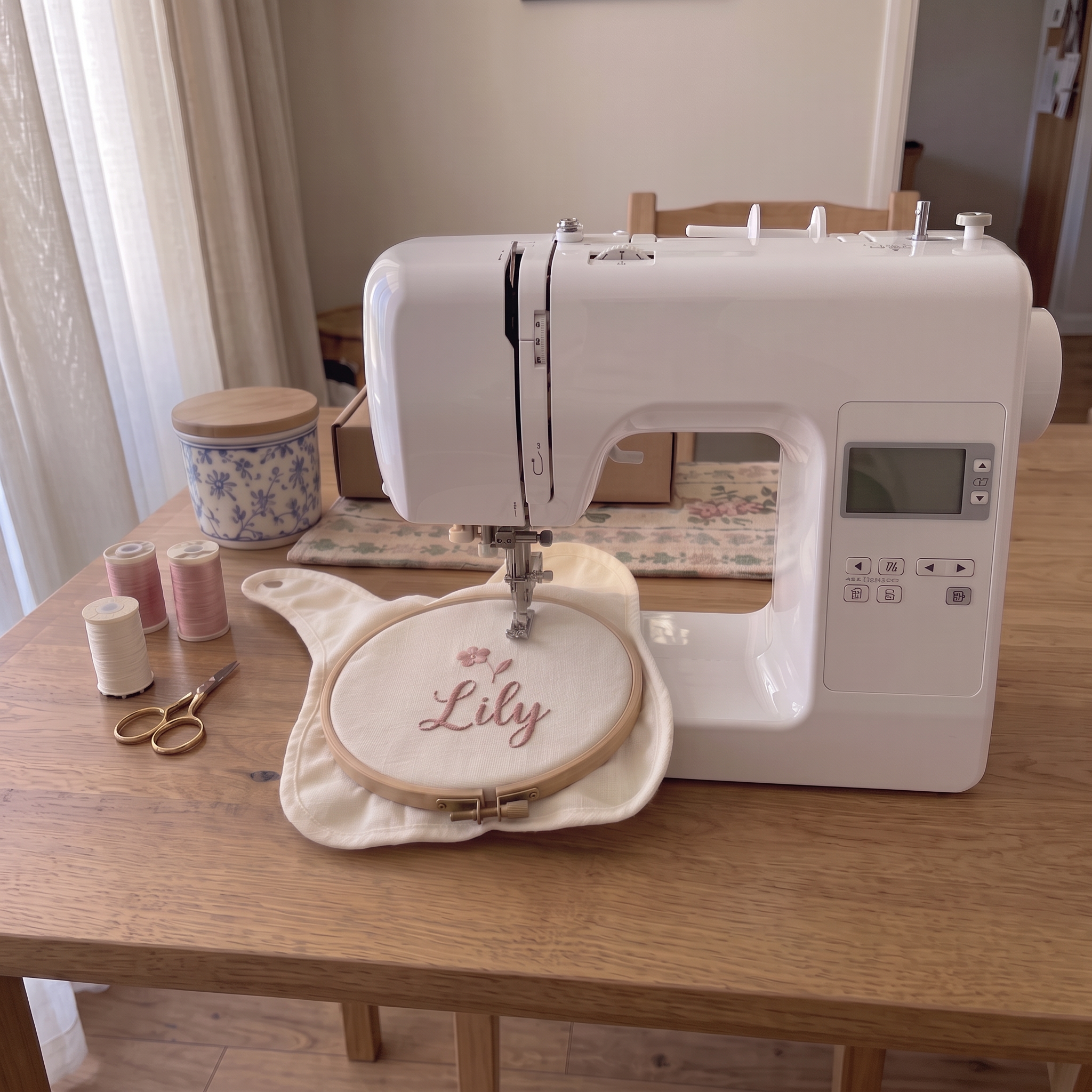 Home embroidery machine stitching the name Lily with a small flower on a cream baby bib in a wooden hoop